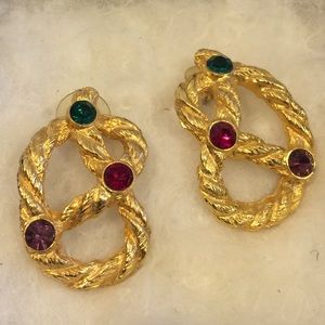 Vintage Gold Tone Pretzel Earrings With Gemstones